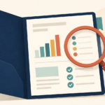 Evaluation report with charts and findings examined through a magnifying glass